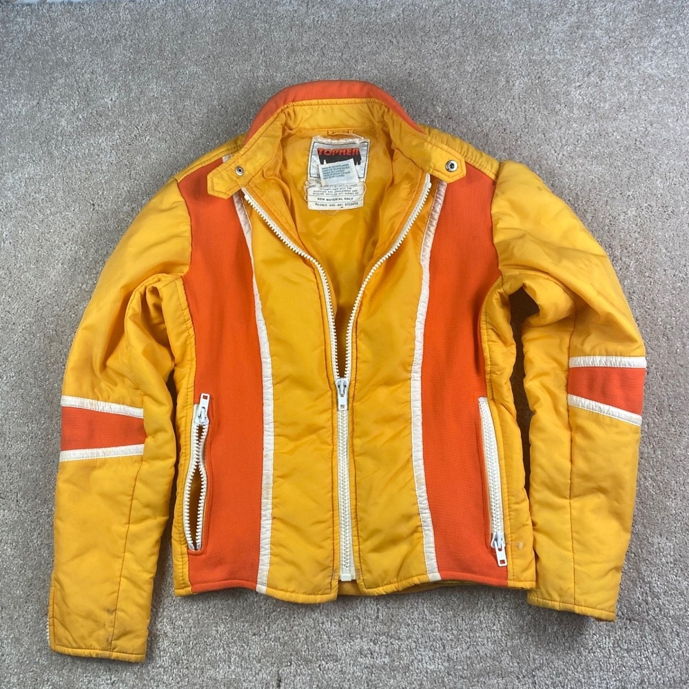 Vintage Topher Yellow Orange Ski Jacket Racing Stripe Retro 70s Nylon Puffer